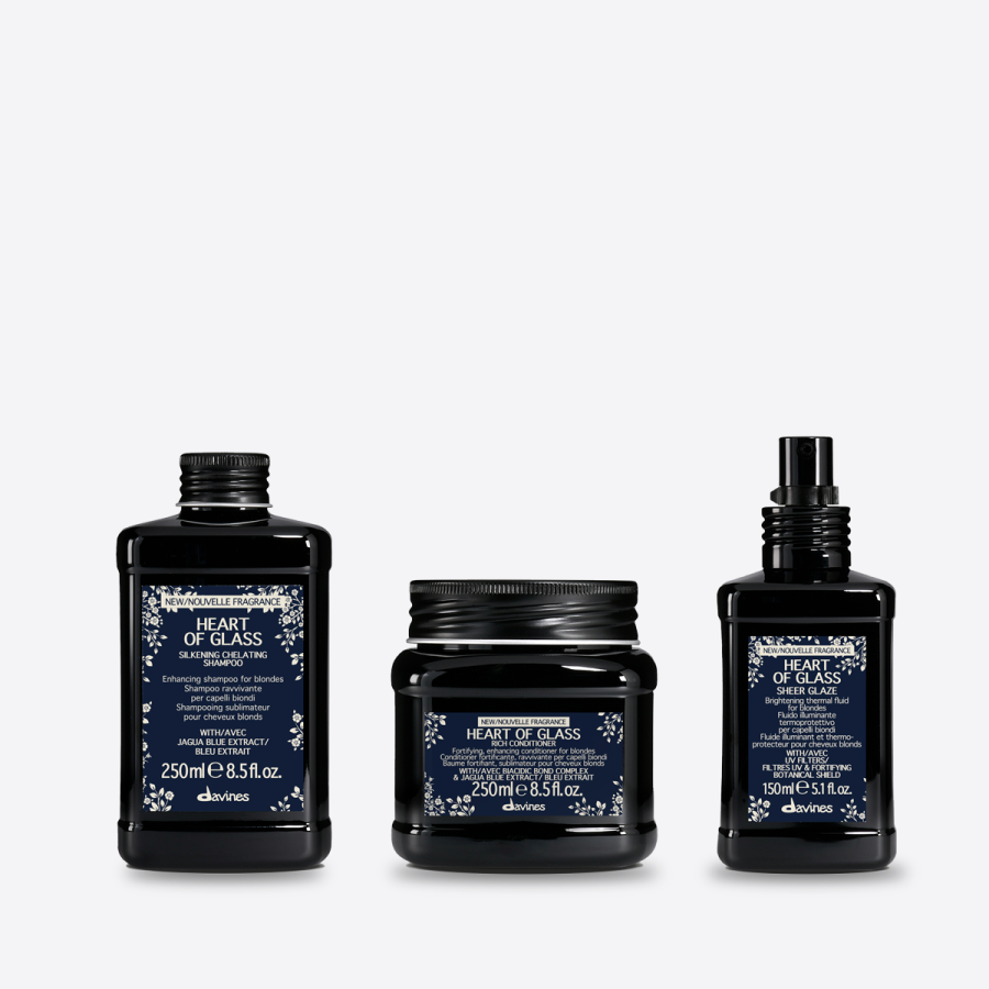 Heart of Glass Davines, Kit Heart of Glass, cabelo louro, cuidados para cabelo louro, produtos para cabelo louro, shampoo para cabelo louro, cabelo louro brilhante, hidratação cabelo louro, proteção térmica cabelo louro, neutralizar reflexos indesejados, 